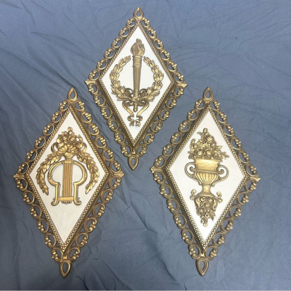 MCM Homco Syroco Gold Diamond Wall Plaques 1971 Hollywood Regency VTG